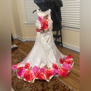 White, Floral Pink & Red 2 Piece formal dress